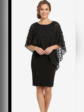 Adrianna Papell Round Neck, Black Dress With High Low One Arm Cape, Size 6.